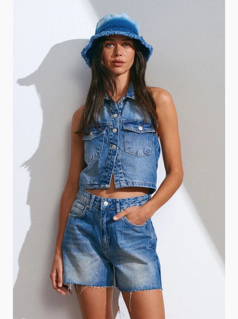 Short en denim taille haute à bouton dilvin Bleu clair - Kiabi