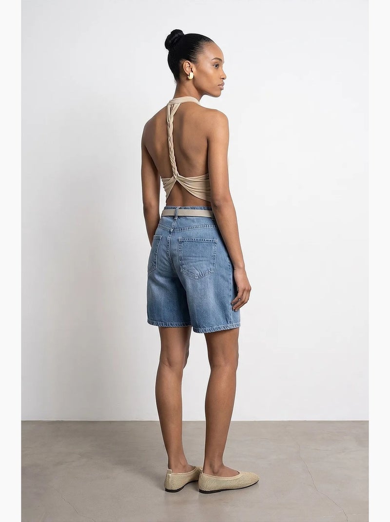 Short en denim taille haute à jambe large avec ceinture dilvin Bleu saphir - Kiabi