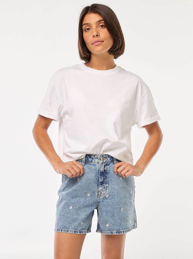 Short en jean avec broderies à fleurs Bleu - Kiabi
