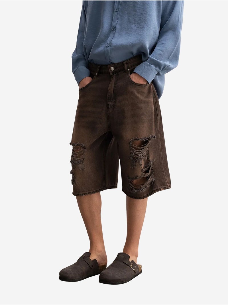 Short en jean déchiré mi-long giesto Marron clair - Kiabi