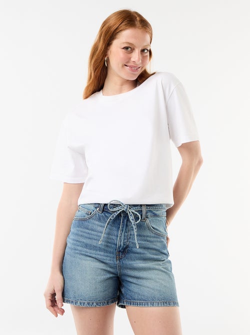 Short en jean taille haute avec ceinture à nouer - Kiabi