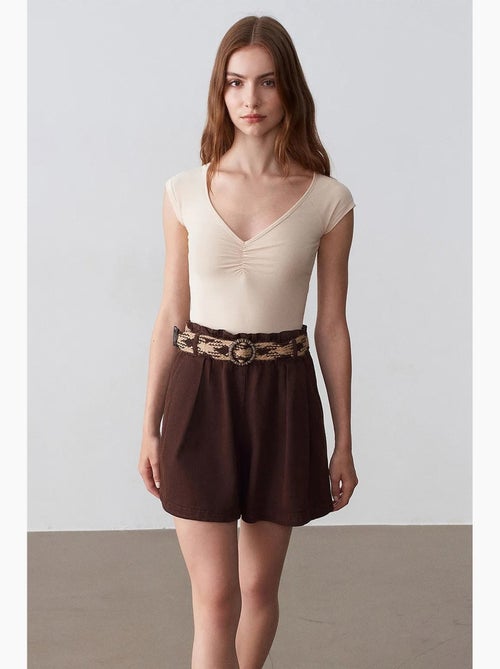 Short en popeline à taille haute et ceinture dilvin - Kiabi Short en popeline à taille haute et ceinture dilvin - Kiabi