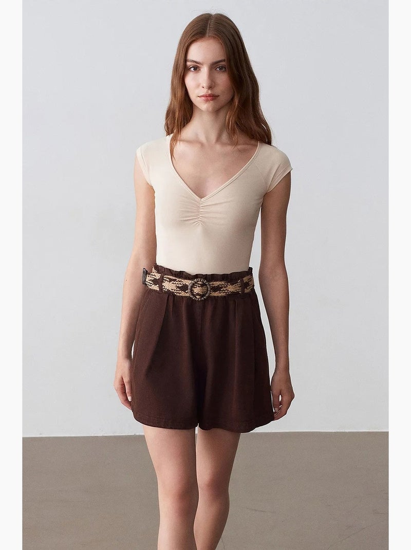 Short en popeline à taille haute et ceinture dilvin Marron - Kiabi