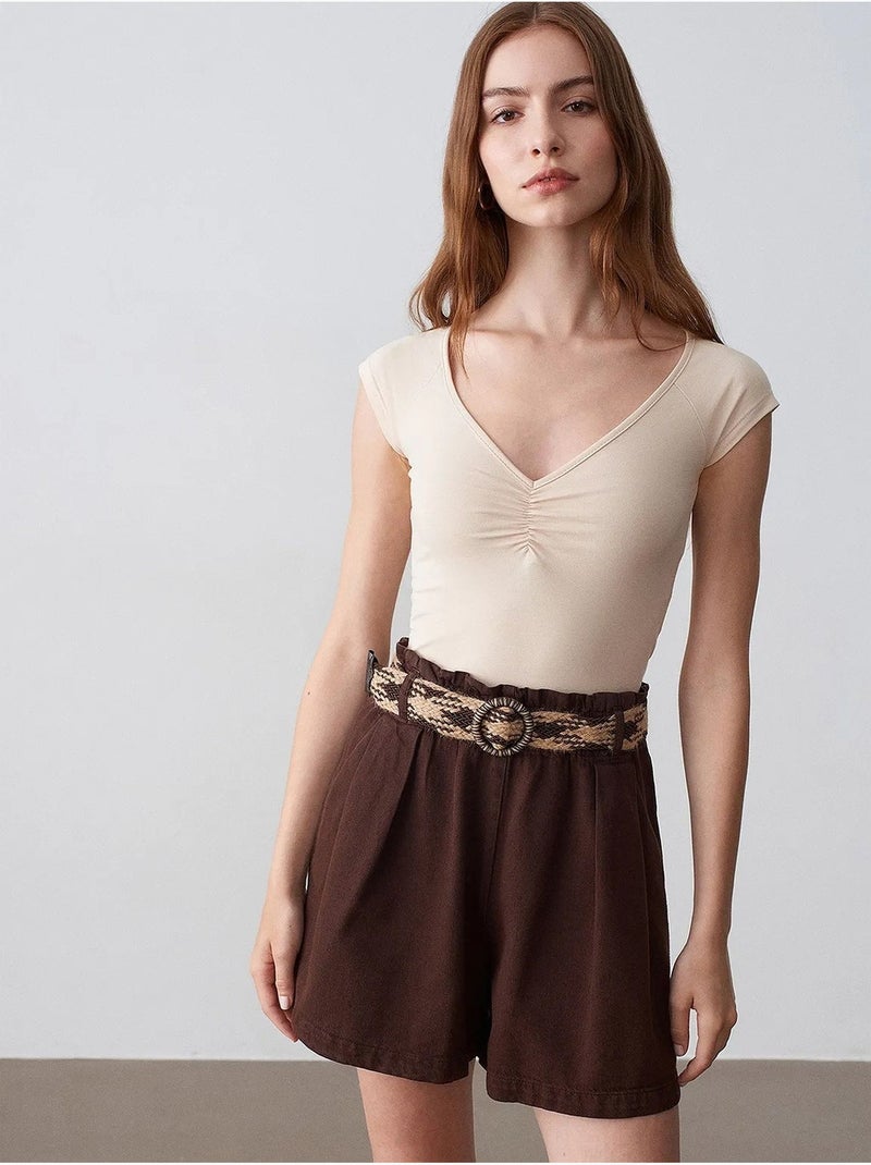 Short en popeline à taille haute et ceinture dilvin Marron - Kiabi