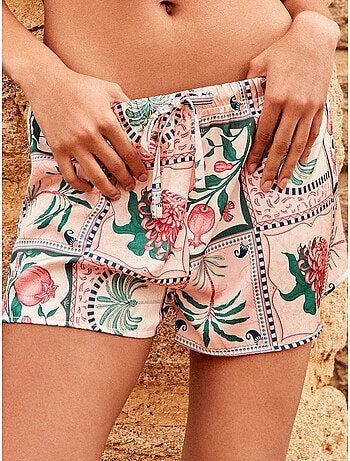 Short en satin imprimé mosaïque florale tropicale