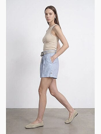 Short femme en lin, taille haute, avec ceinture dilvin