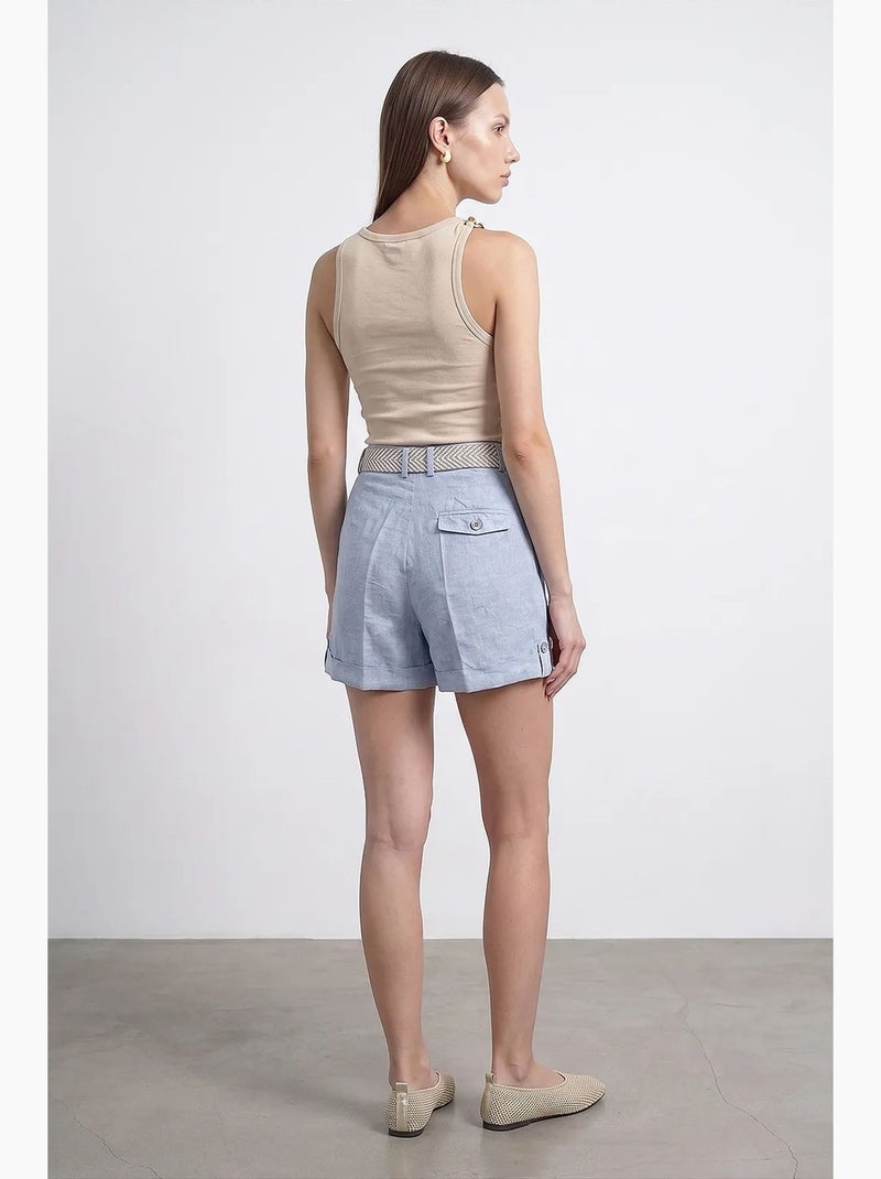 Short femme en lin, taille haute, avec ceinture dilvin Bleu ciel - Kiabi