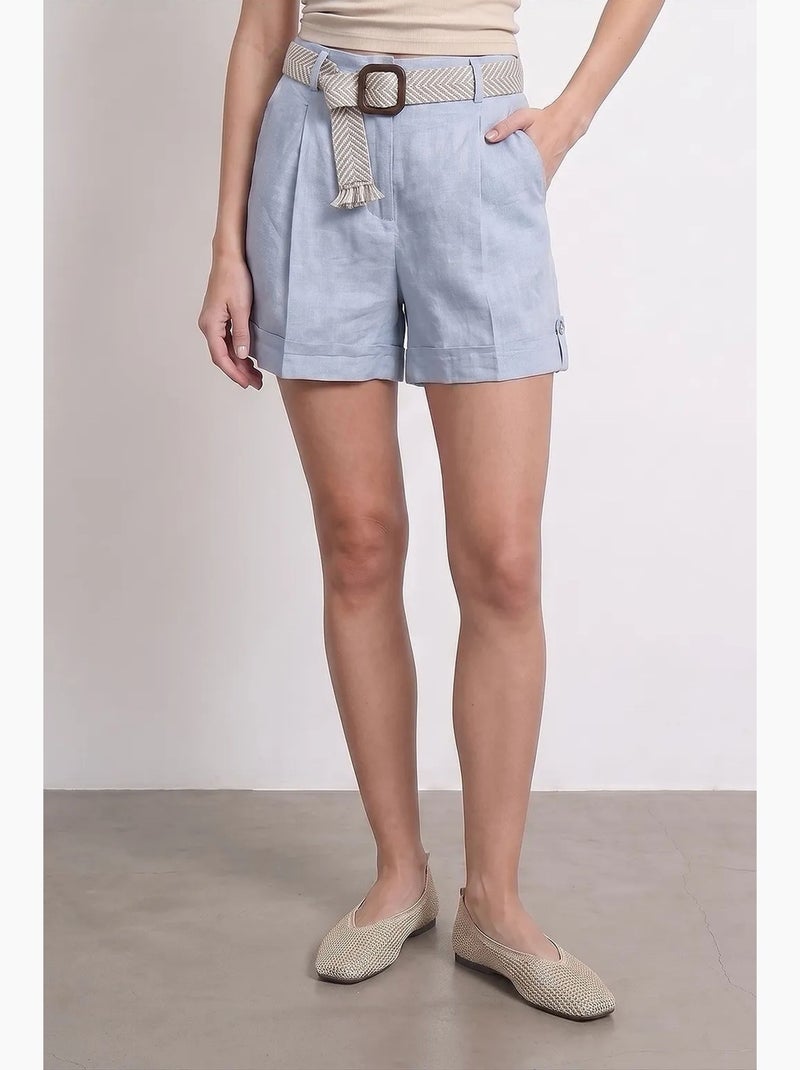 Short femme en lin, taille haute, avec ceinture dilvin Bleu ciel - Kiabi