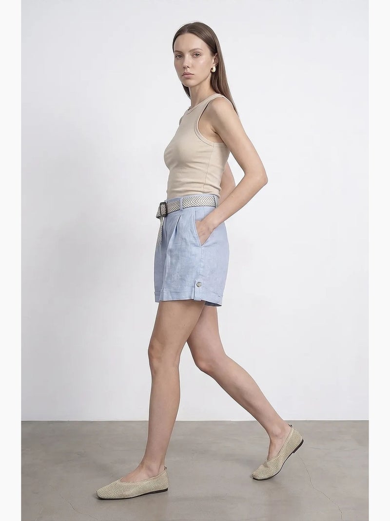 Short femme en lin, taille haute, avec ceinture dilvin Bleu ciel - Kiabi