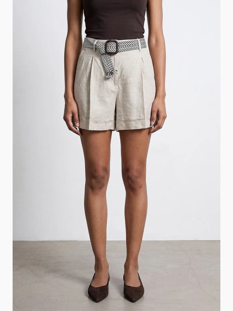 Short femme en lin, taille haute, avec ceinture dilvin Sable - Kiabi