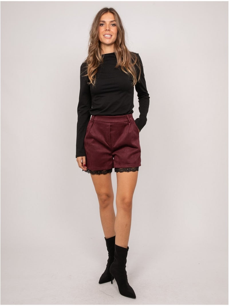 Short in suèdelook met kanten rand xabara Bordeaux - Kiabi