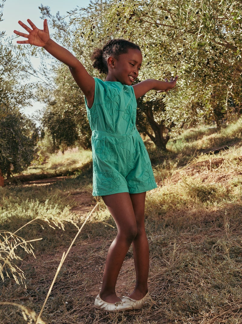 Short jumpsuit met grote geborduurde bloemen Groen - Kiabi