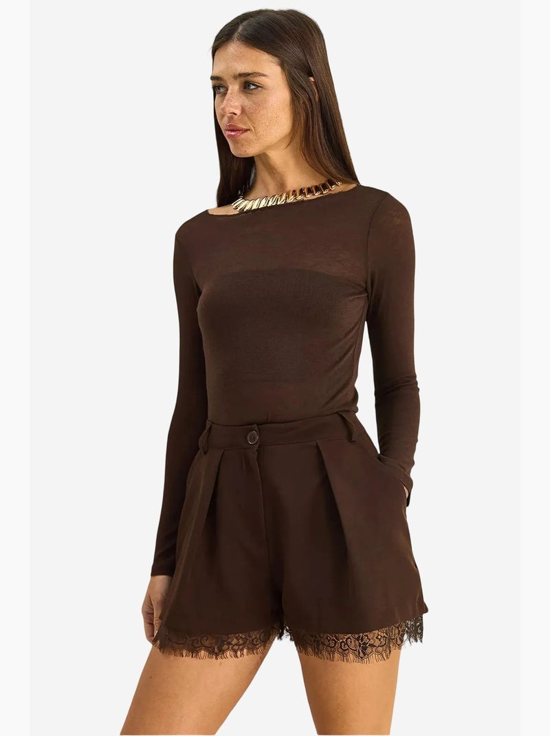 Short met wijde pijpen, hoge taille en kantdetail lucci Donkerbruin - Kiabi