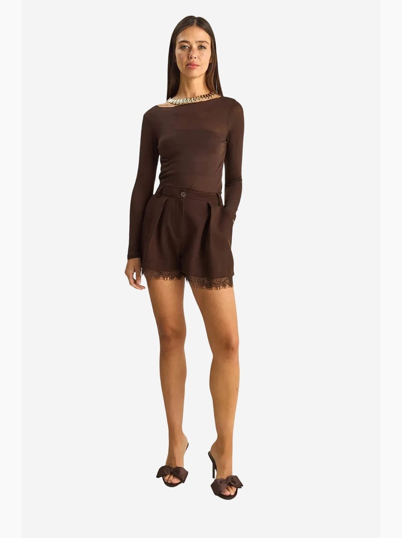 Short met wijde pijpen, hoge taille en kantdetail lucci Donkerbruin - Kiabi