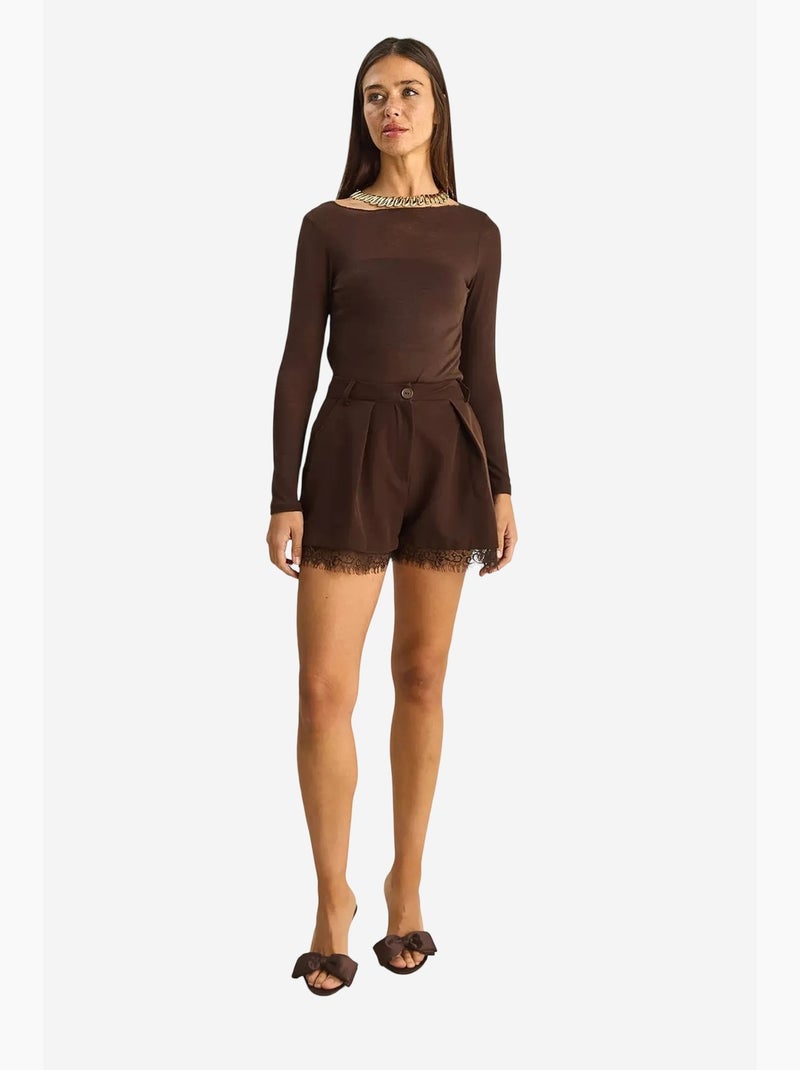 Short met wijde pijpen, hoge taille en kantdetail lucci Donkerbruin - Kiabi