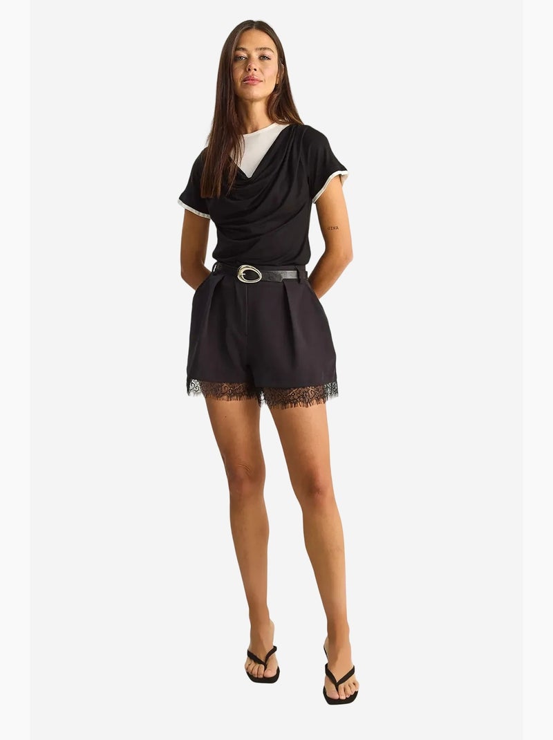 Short met wijde pijpen, hoge taille en kantdetail lucci Zwart - Kiabi