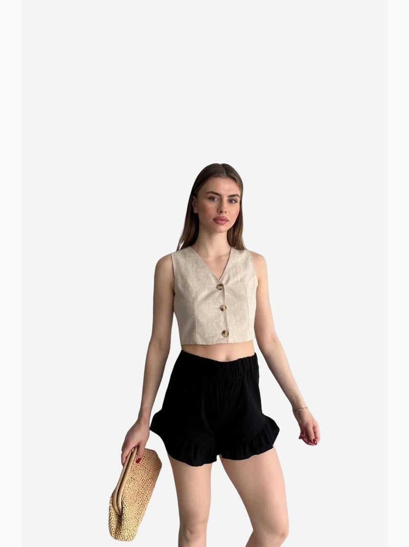Short met wijde pijpen, hoge taille en ruches my fashion Zwart - Kiabi