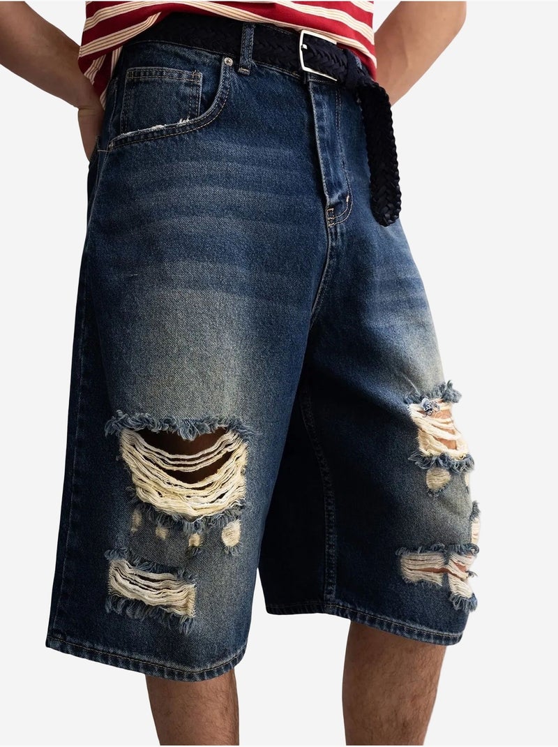 Short midi en jean déchiré à jambes larges giesto Bleu - Kiabi