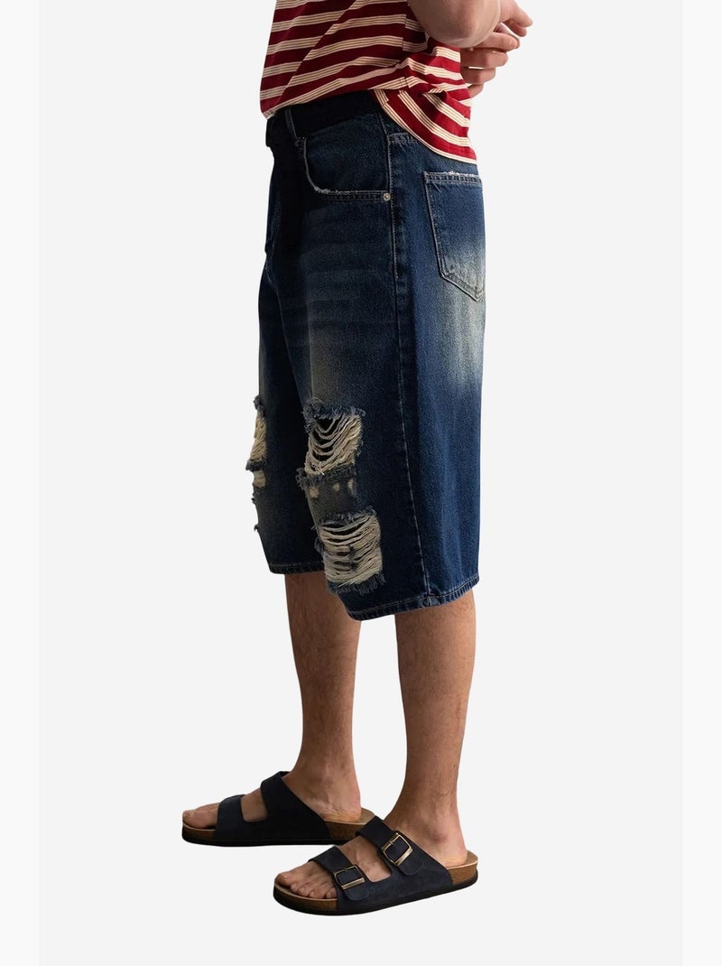 Short midi en jean déchiré à jambes larges giesto Bleu - Kiabi