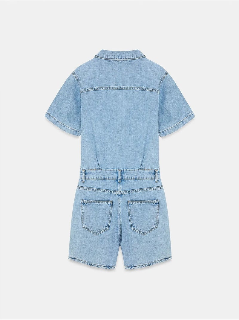 Short salopette en denim à col chemise dilvin Bleu clair - Kiabi