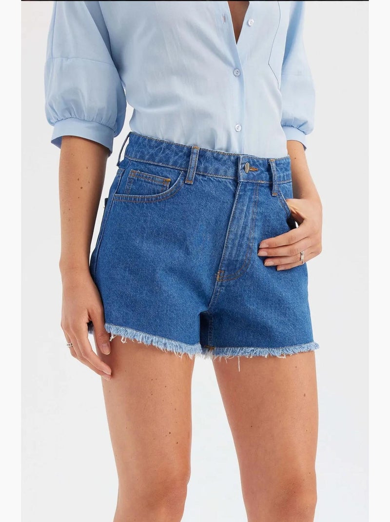 Short taille haute en denim uni hiccup Bleu - Kiabi