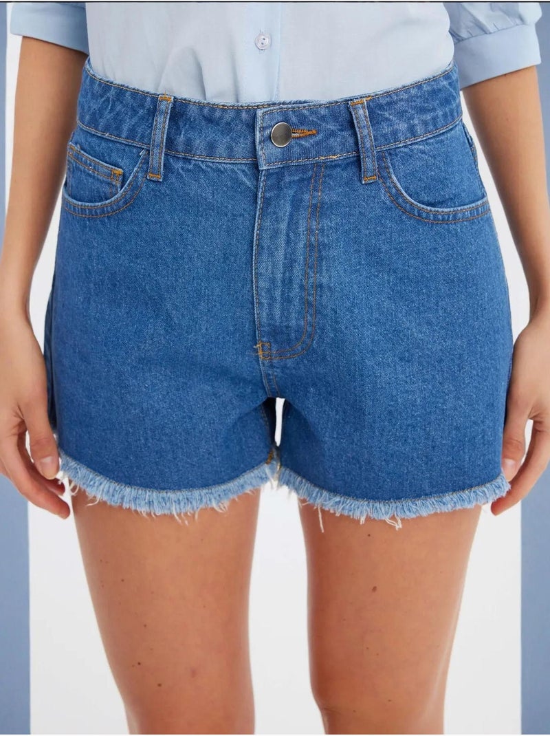Short taille haute en denim uni hiccup Bleu - Kiabi