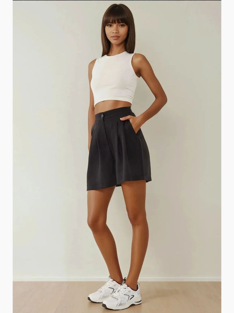 Short taille haute plissé en lyocell doux au toucher hiccup Noir - Kiabi