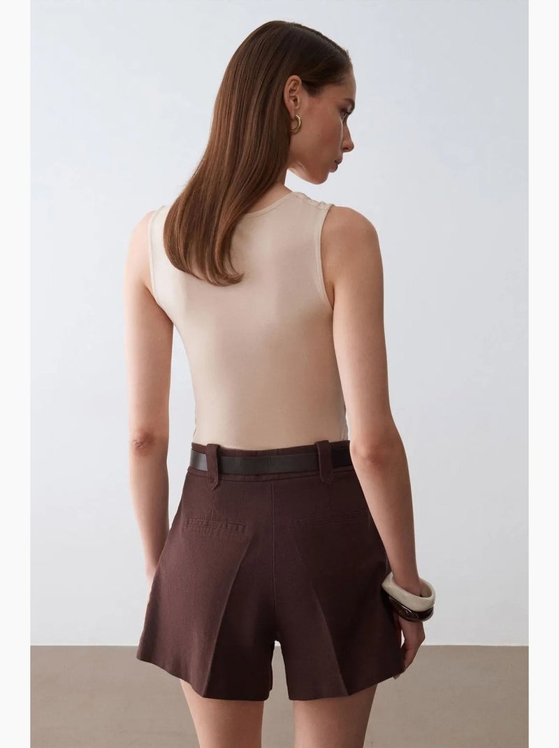 Short tailleur en popeline de coton à taille haute et ceinture dilvin Marron - Kiabi
