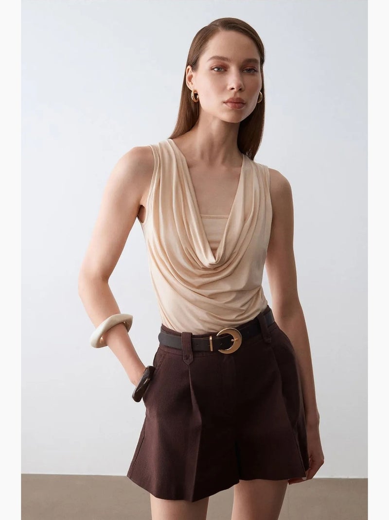 Short tailleur en popeline de coton à taille haute et ceinture dilvin Marron - Kiabi