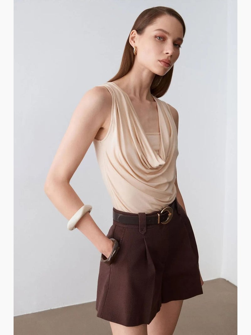 Short tailleur en popeline de coton à taille haute et ceinture dilvin Marron - Kiabi