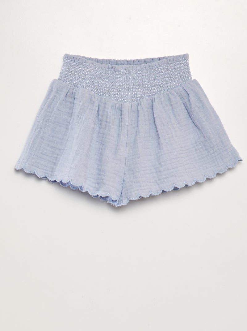 Short van zachte, luchtige katoen met gesmokte taille BLAUW - Kiabi