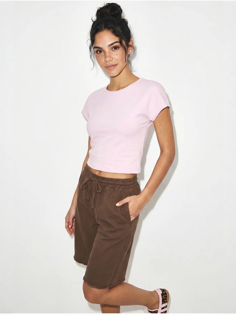 Shorts en mélange de coton à taille haute lucci Marron - Kiabi
