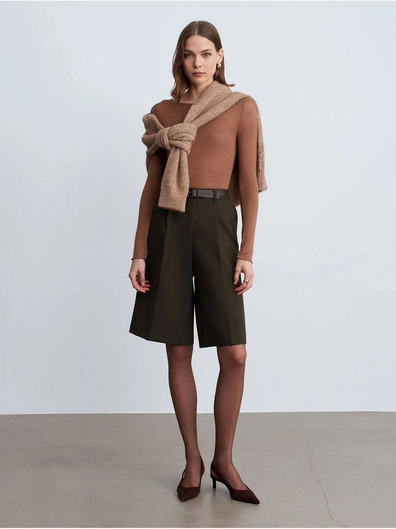 Shorts met hoge taille, ceintuur en wijde pijp dilvin Kakigroen - Kiabi