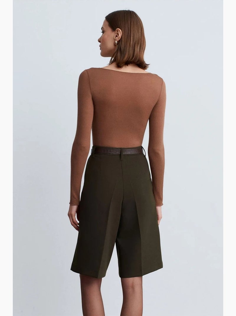 Shorts met hoge taille, ceintuur en wijde pijp dilvin Kakigroen - Kiabi