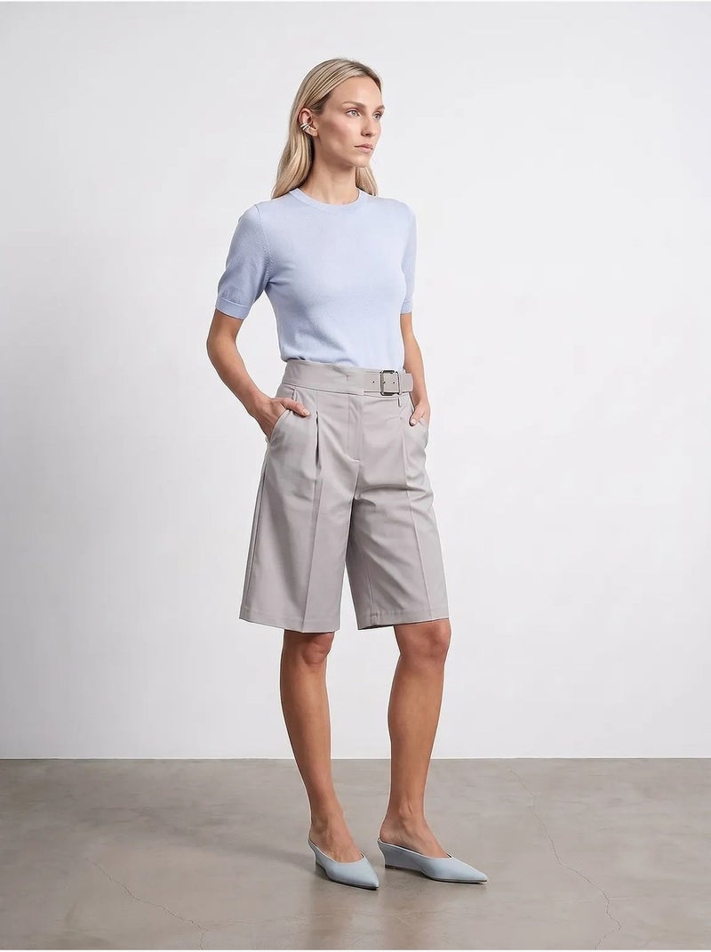 Shorts met hoge taille, wijde pijp en riem dilvin Lichtgrijs - Kiabi