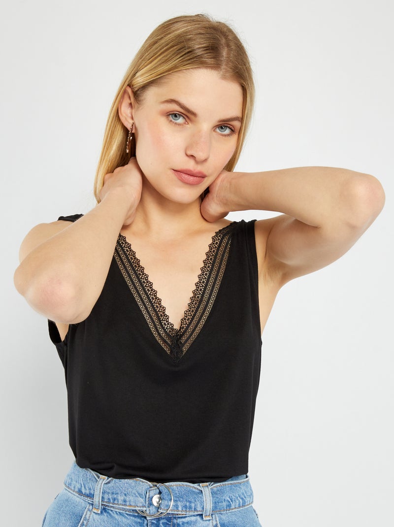 Singlet van stretchtricot met kant zwart - Kiabi