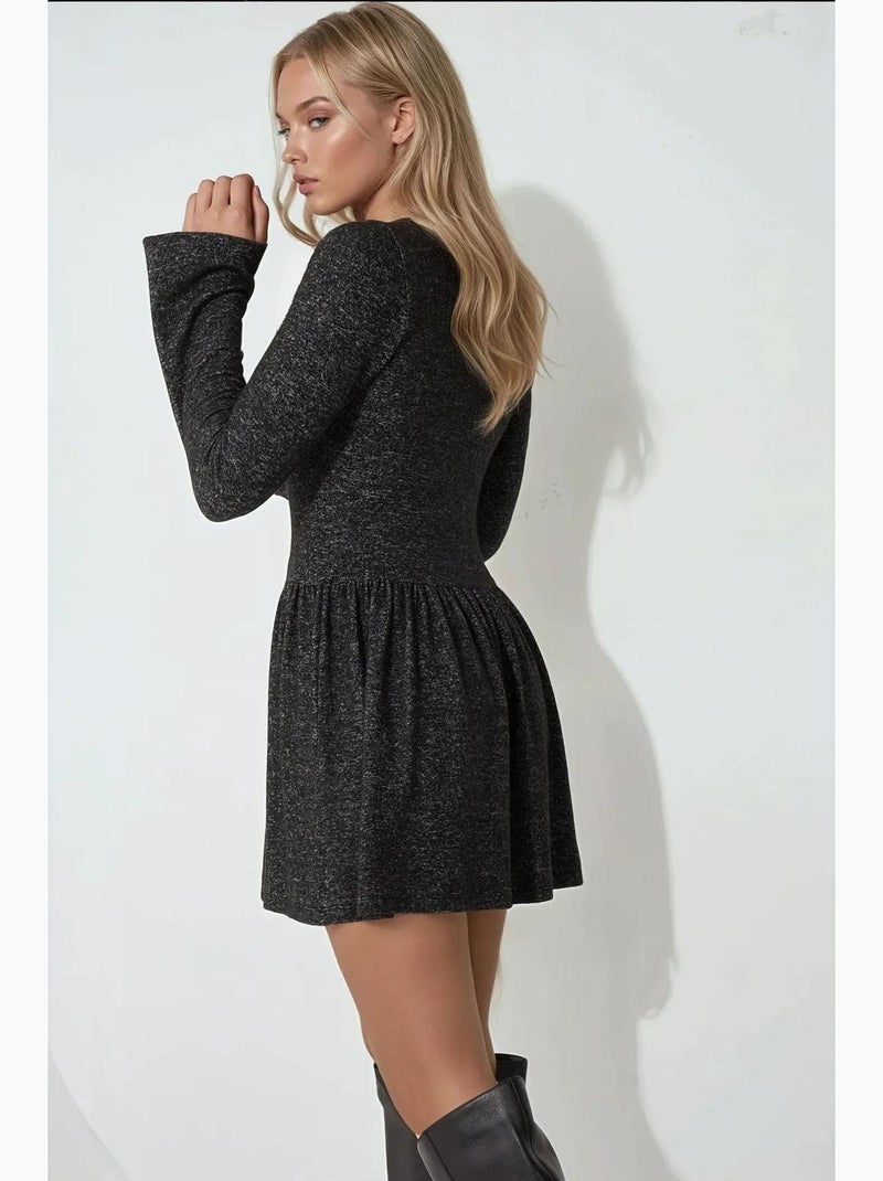 Skater mini-jurk met ronde hals, lange mouwen en knoopdetail hiccup Grijs - Kiabi
