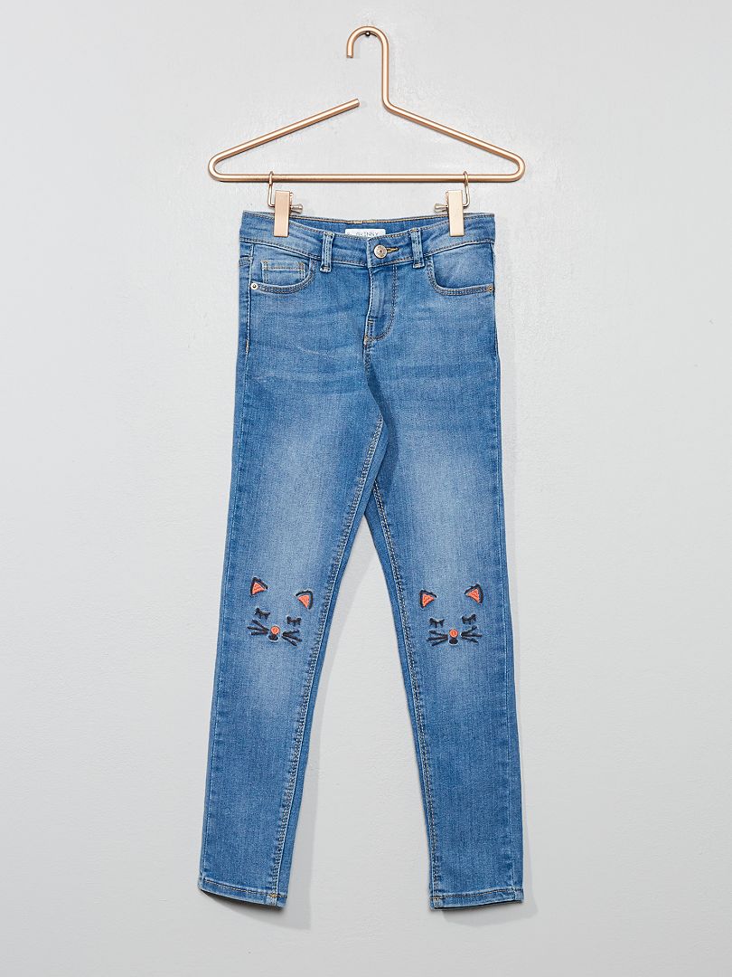 Skinny jeans met kattenborduursel BLAUW - Kiabi