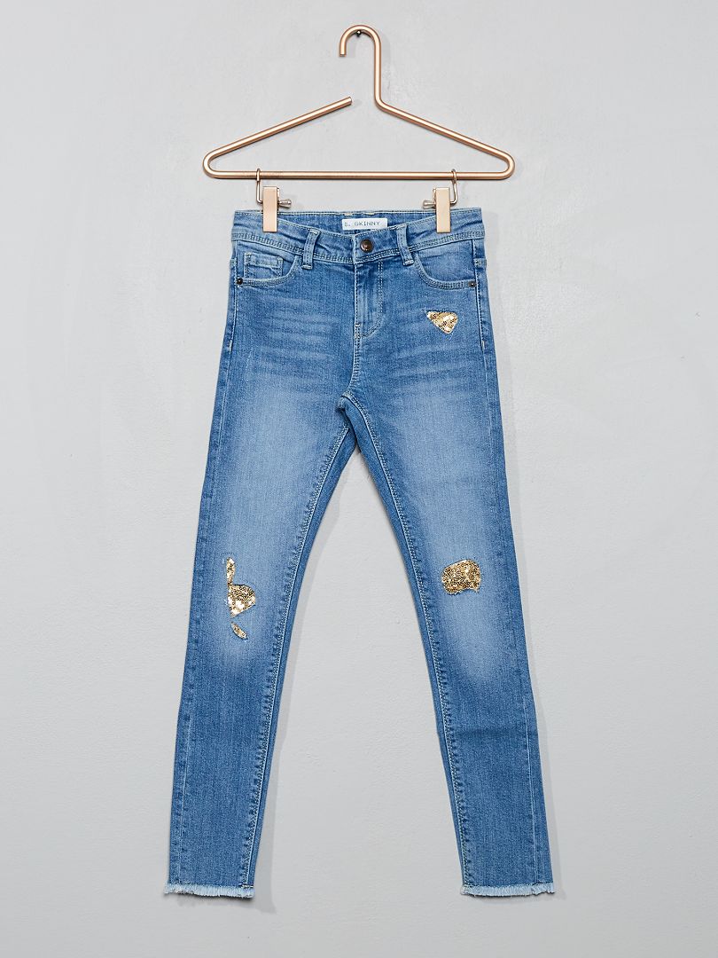 Skinny jeans met versleten look en lovertjes BLAUW - Kiabi