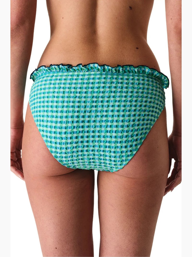 Slainie bikinibroekje met ruitjesprint, ruches, middelhoge taille penti Muntgroen - Kiabi