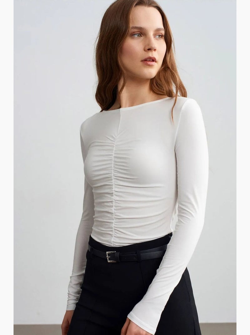 Slim fit blouse met boothals en lange mouwen dilvin Ecru - Kiabi