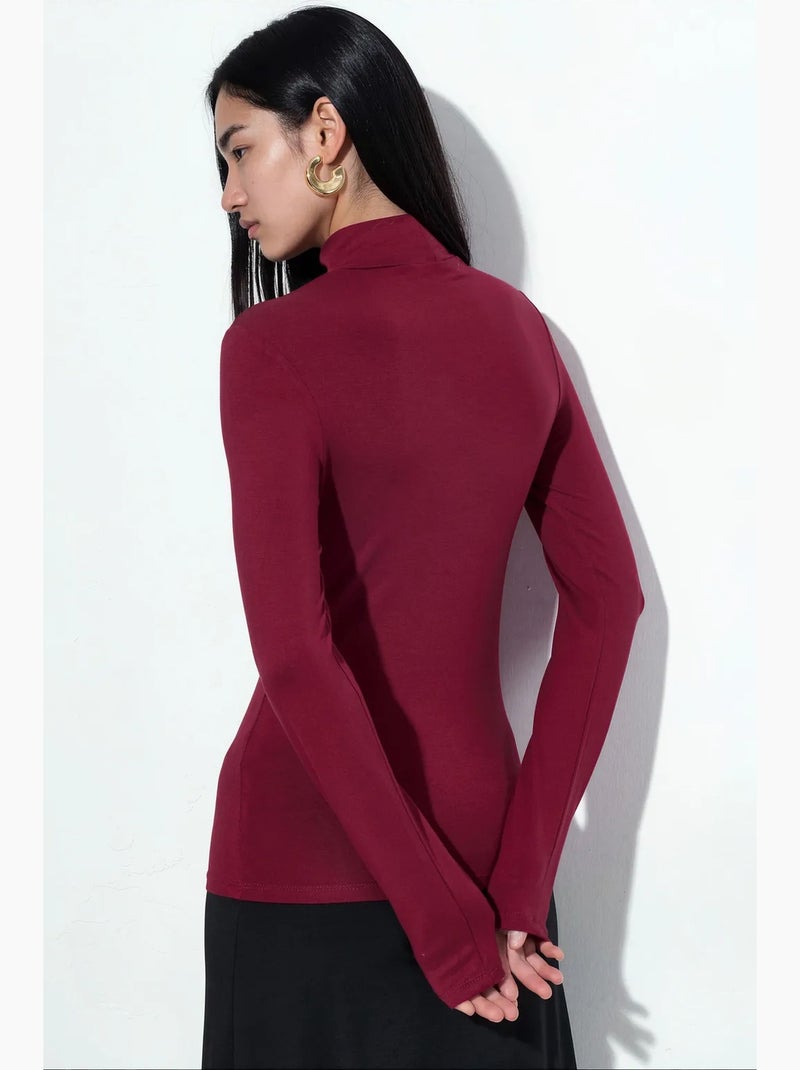 Slim-fit blouse met halve col busem Bordeauxrood - Kiabi