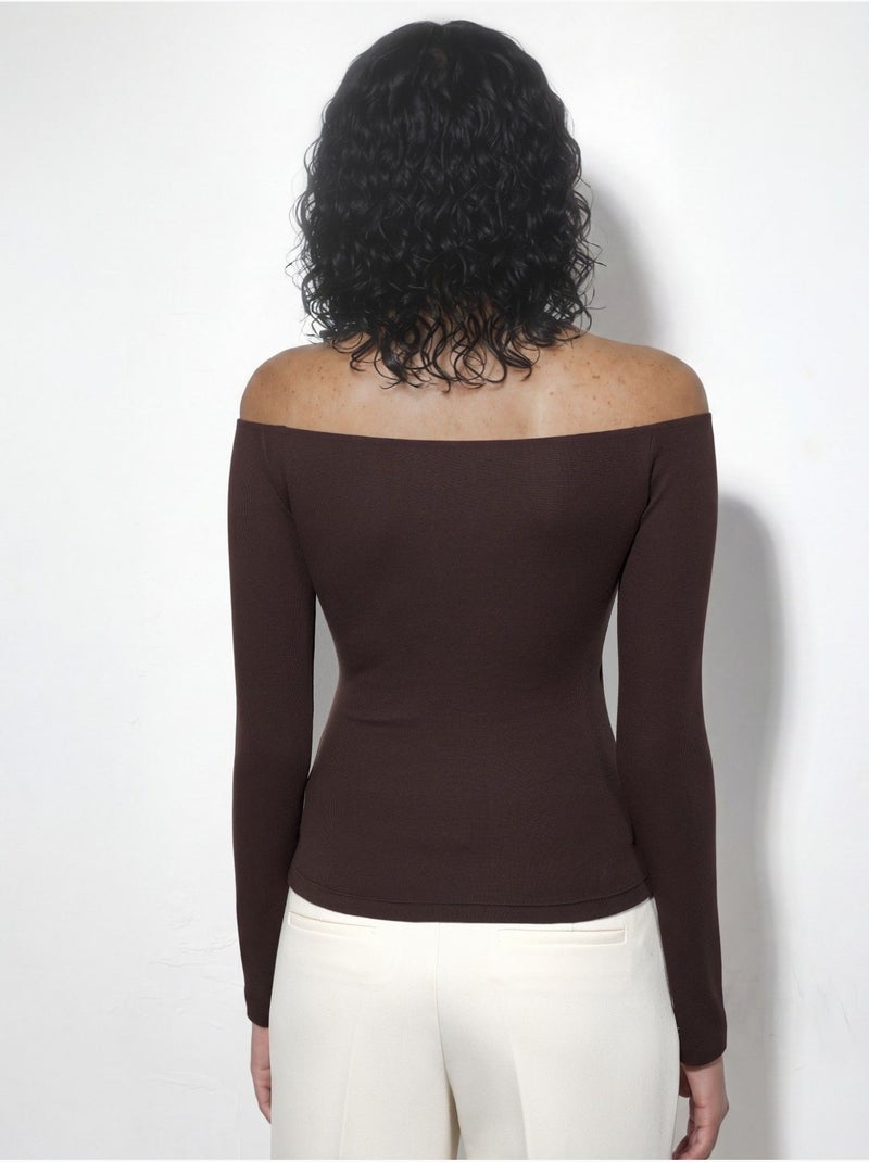 Slim-fit blouse met lange mouwen en v-hals busem Chocoladebruin - Kiabi