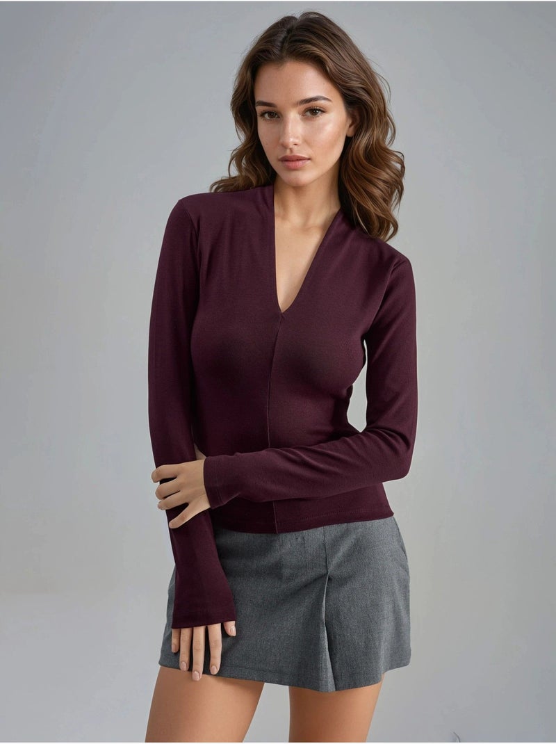 Slim-fit blouse met lange mouwen en v-hals busem Mauve - Kiabi