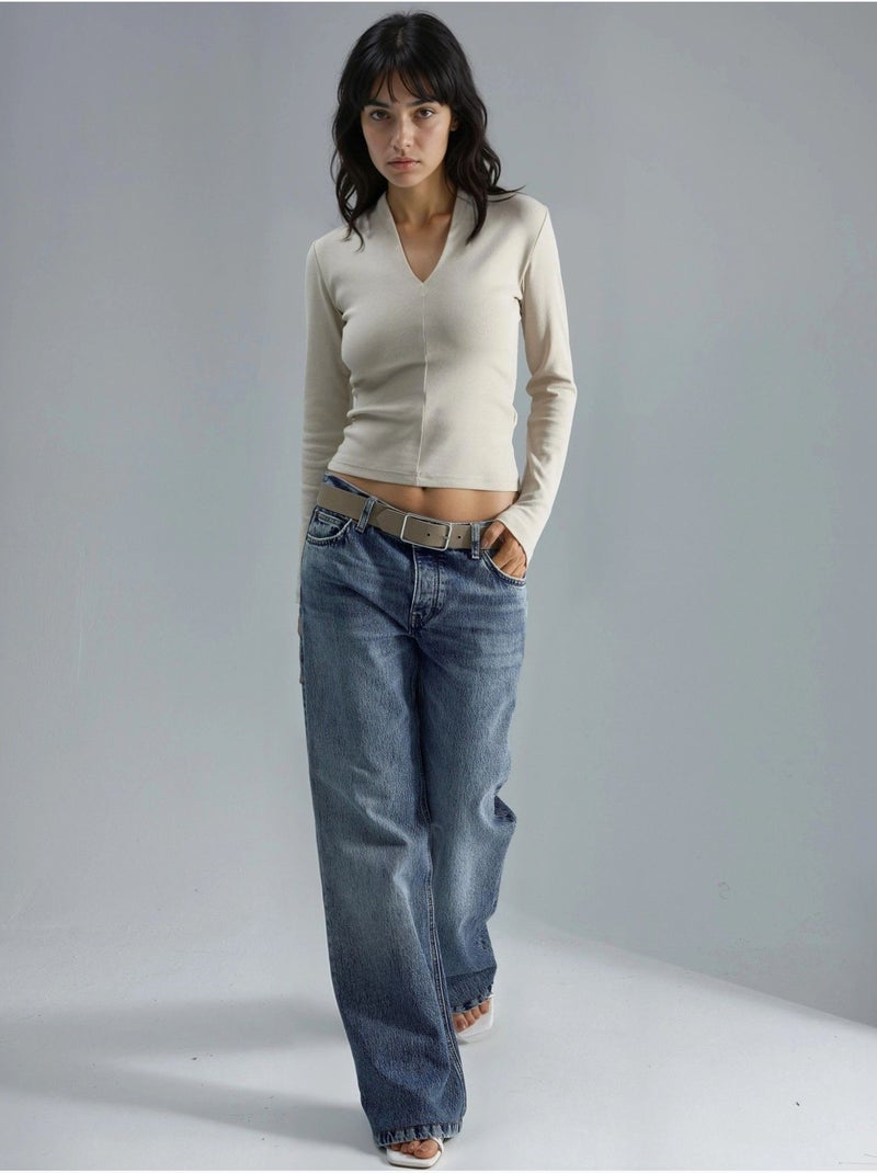 Slim-fit blouse met lange mouwen en v-hals busem Zand - Kiabi