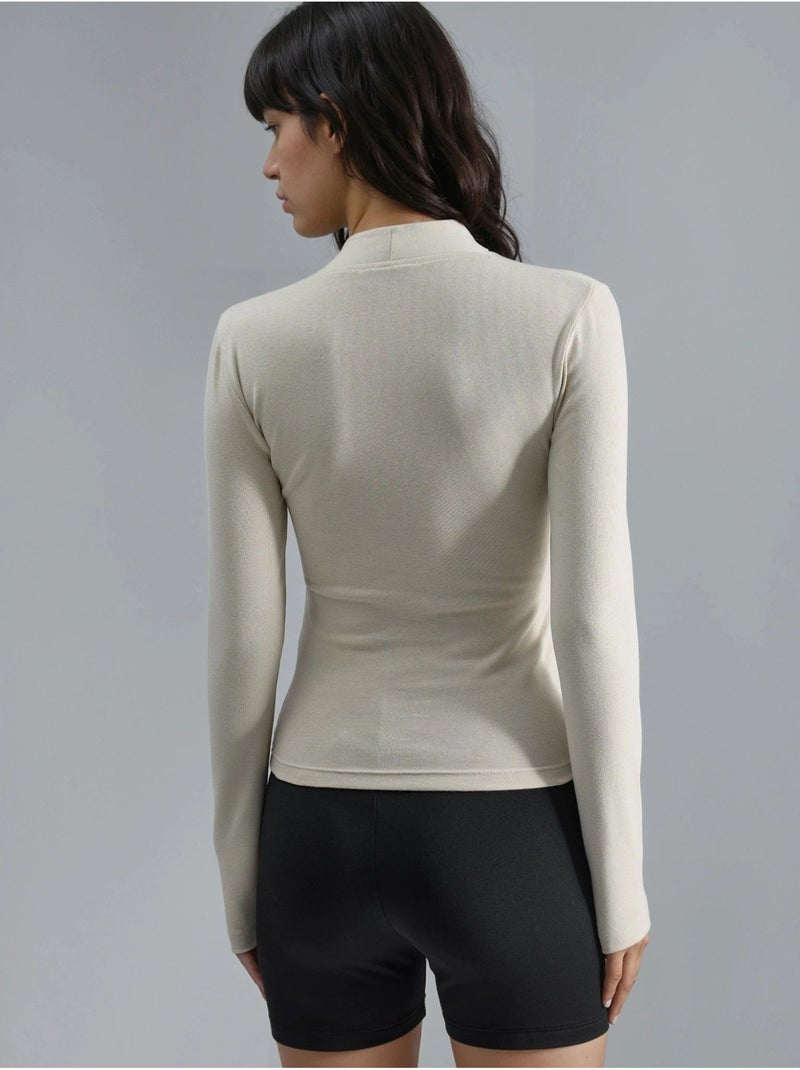 Slim-fit blouse met lange mouwen en v-hals busem Zand - Kiabi