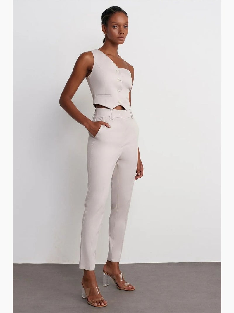 Slim-fit broek met hoge taille van crêpe dilvin Zand - Kiabi