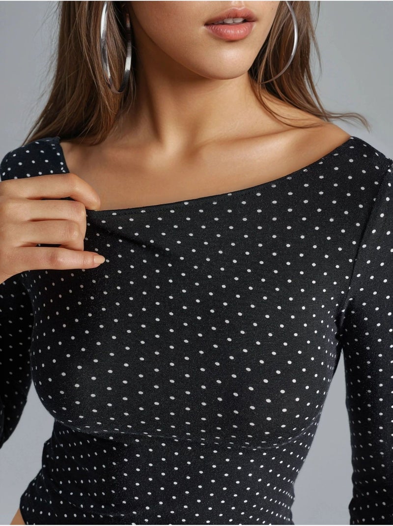 Slim-fit cropblouse met stippen en rugdetail busem Zwart - Kiabi