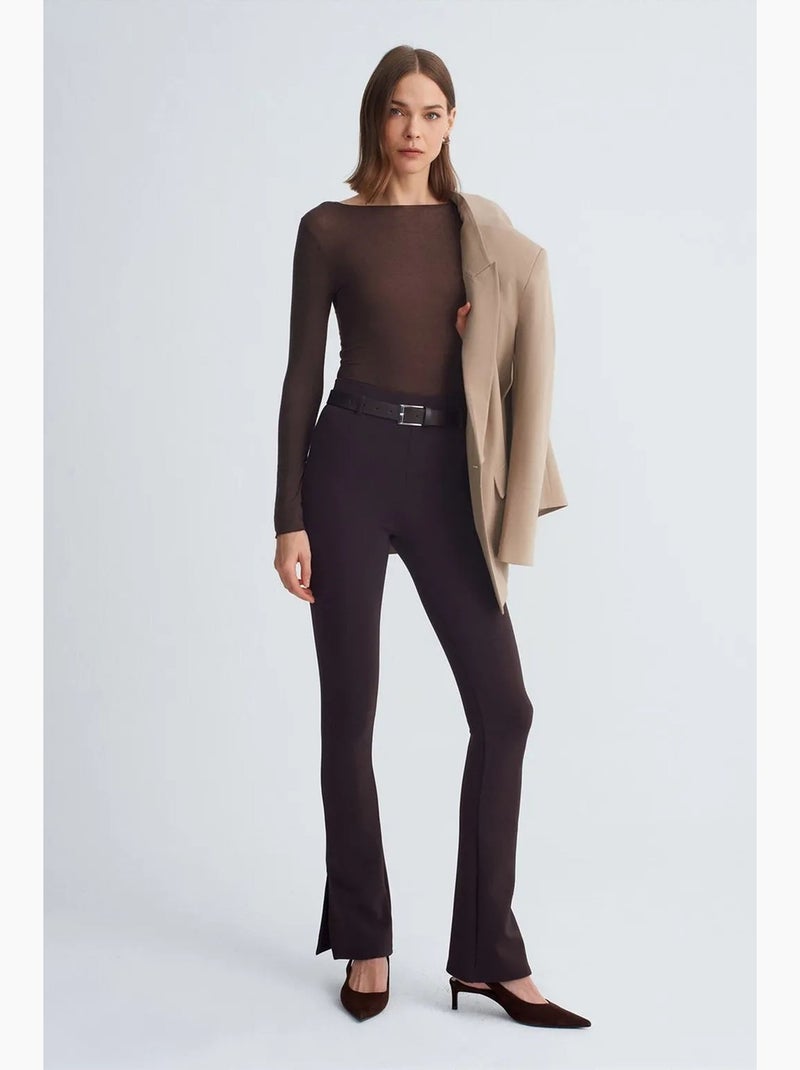Slim fit flare broek met ceintuur dilvin Chocoladebruin - Kiabi