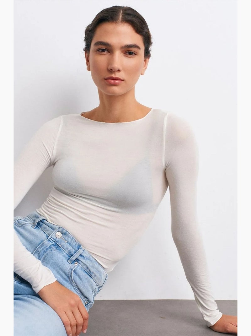 Slim-fit gebreide blouse met boothals en lange mouwen dilvin Gebroken wit - Kiabi